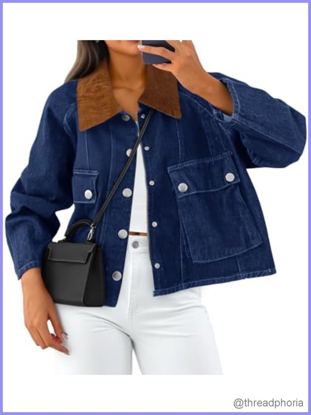 Womens Cropped Denim Jacket Cotton Blend Button Down Zip Corduroy Collar